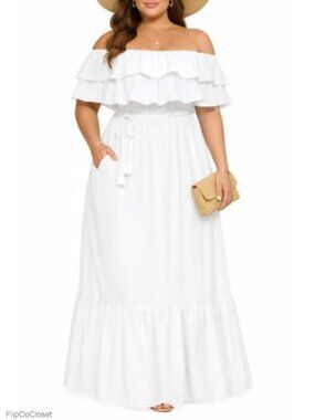 Plus Size Off Shoulder Ruffle Maxi Dress with Pockets Summer Wedding Guest